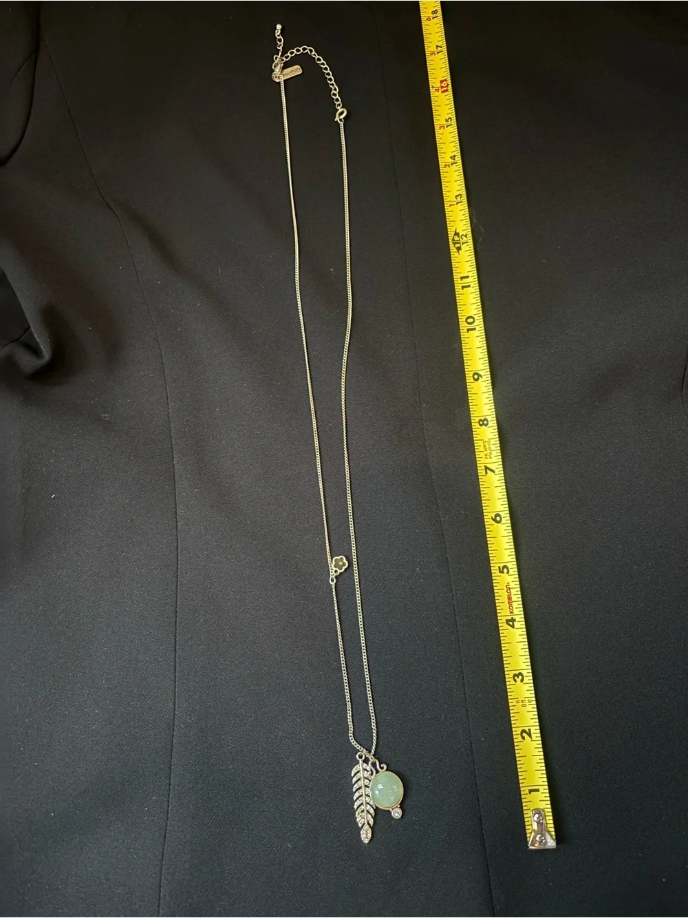 Gold-Tone Necklace with Green Jade Disk and Crystal Feather Charm - Picture 4 of 4